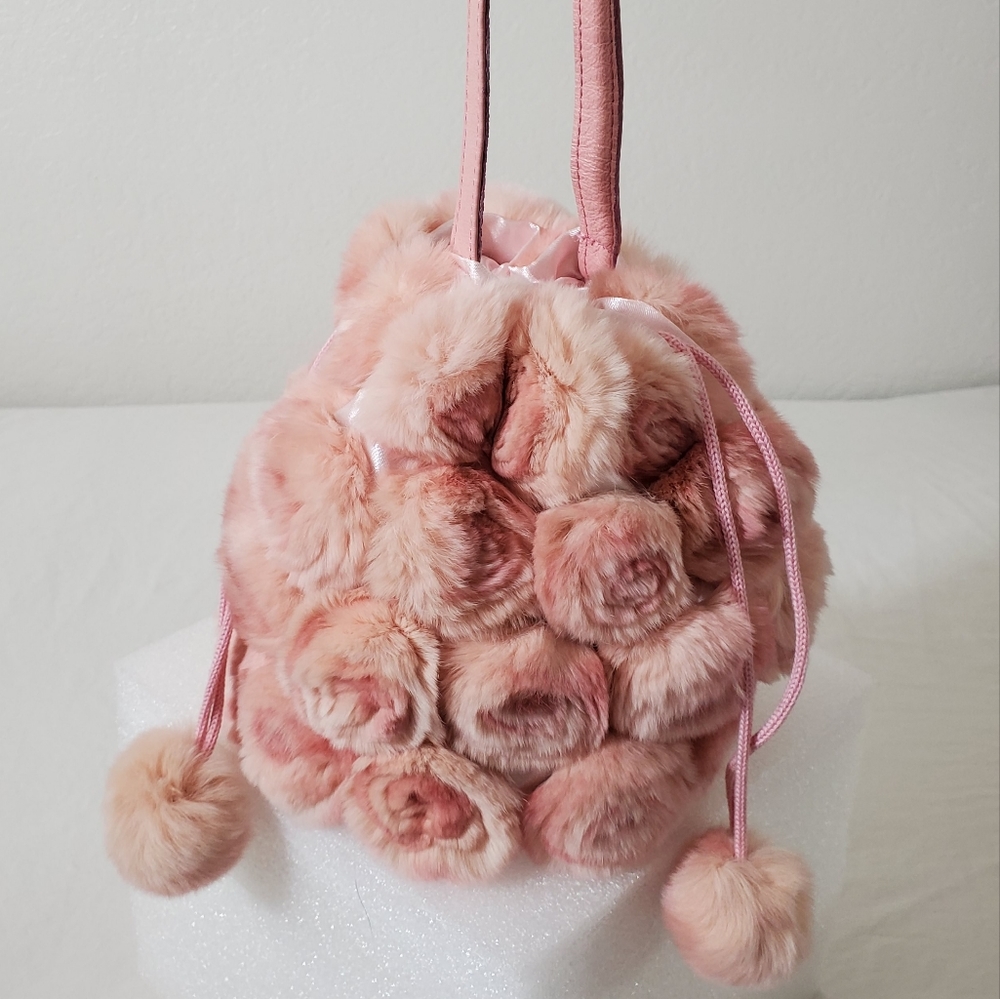 Blush Fluffy Faux Fur Rose Bud Pom Poms Bucket Bag + Leopard Pouch